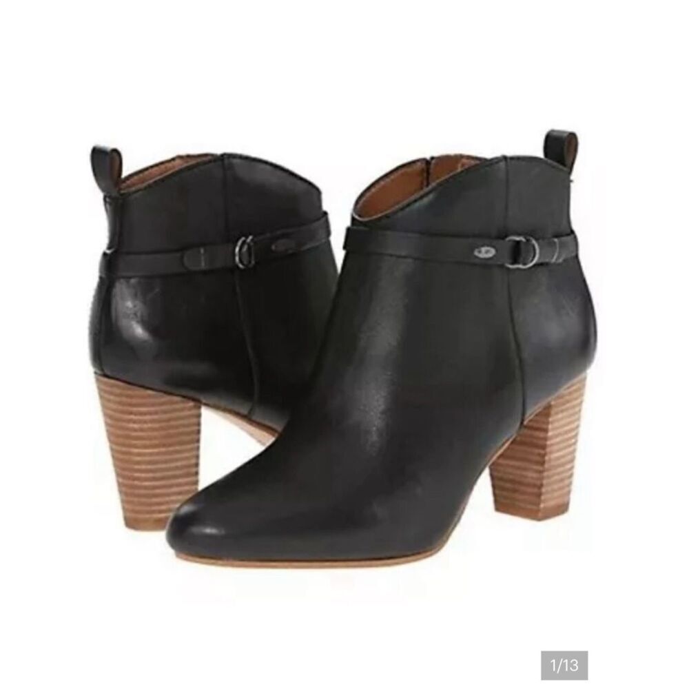 Lucky Brand 8.5 Black Tan Mabina Zip Side Buckle Leather Ankle Heel Boots